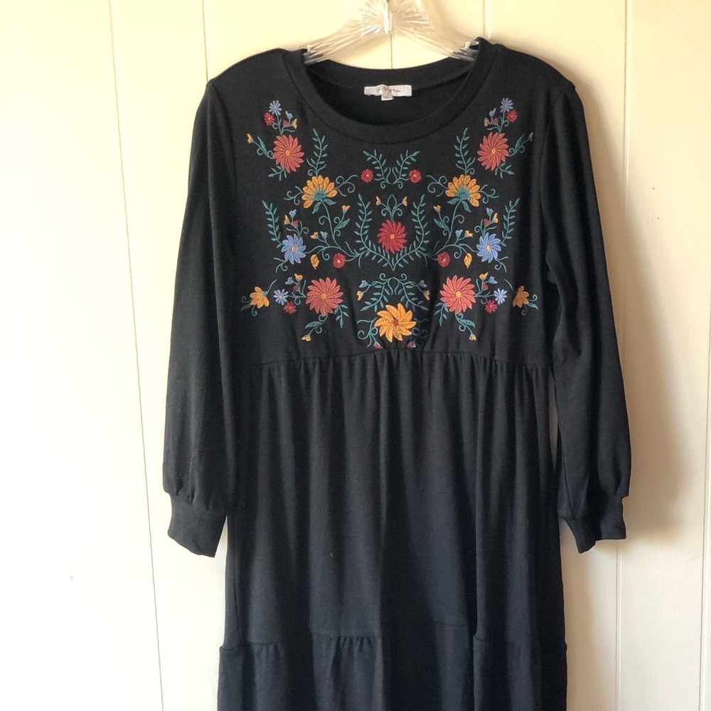 Cottagecore Polagram embroidered flower long sleeve dress - Small